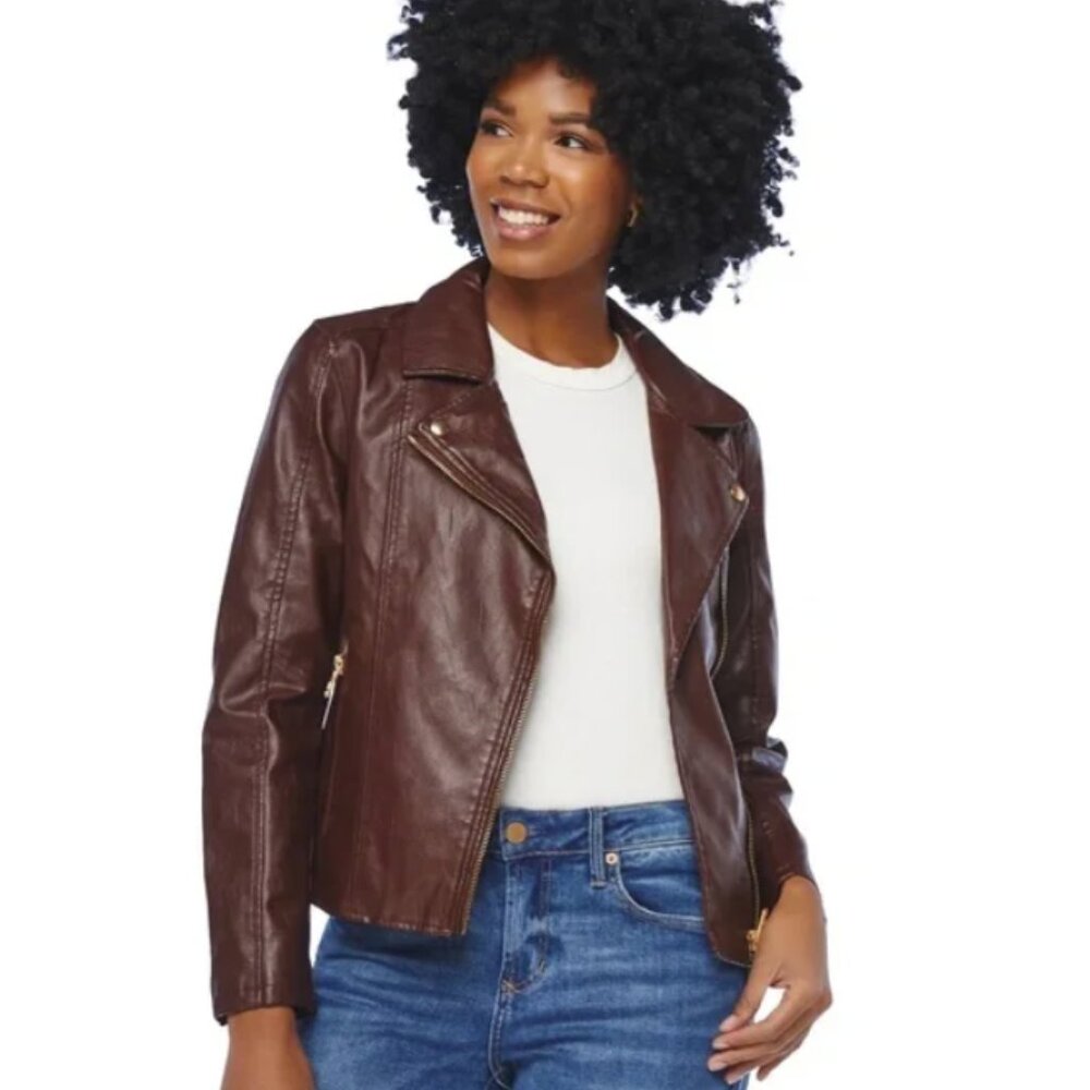 Dex Chocolate Brown Faux Leather Moto Biker Jacket Women’s Large NWT